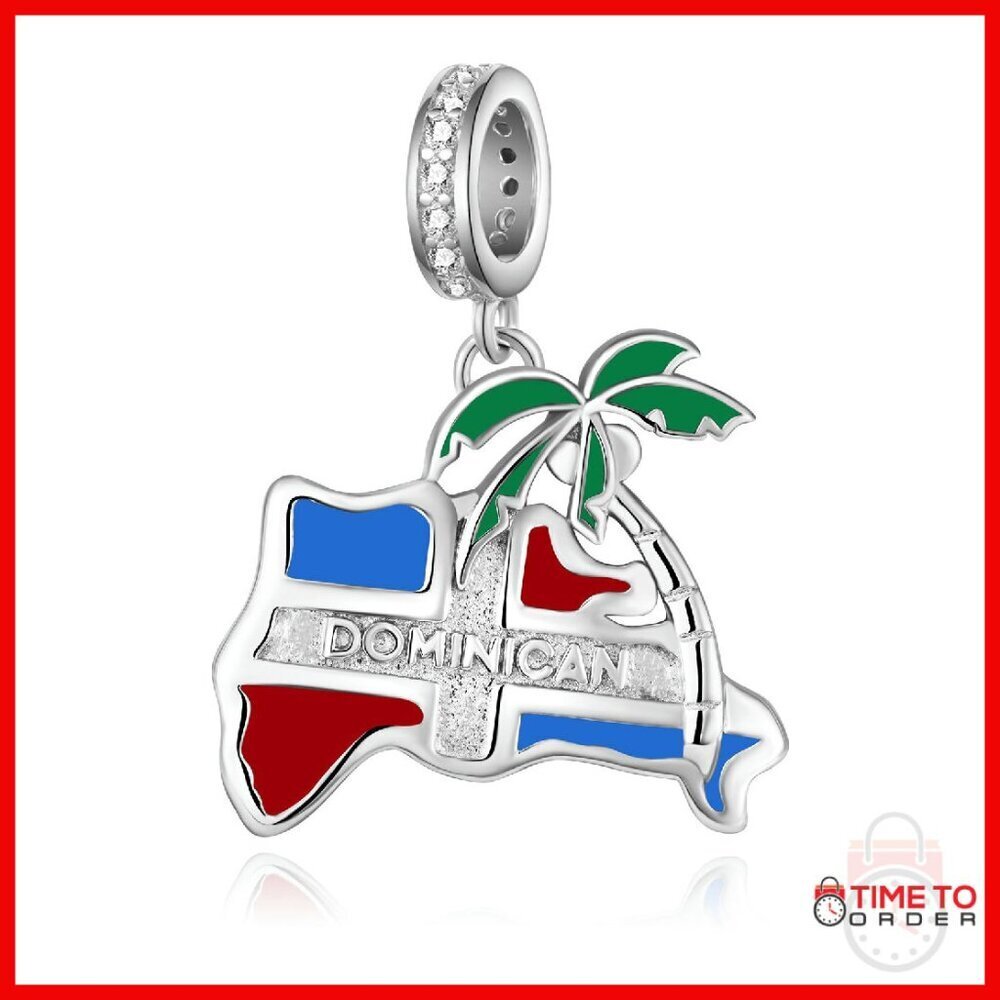 925 Sterling Silver Dominican Republic Flag Charm Bracelet 16mm